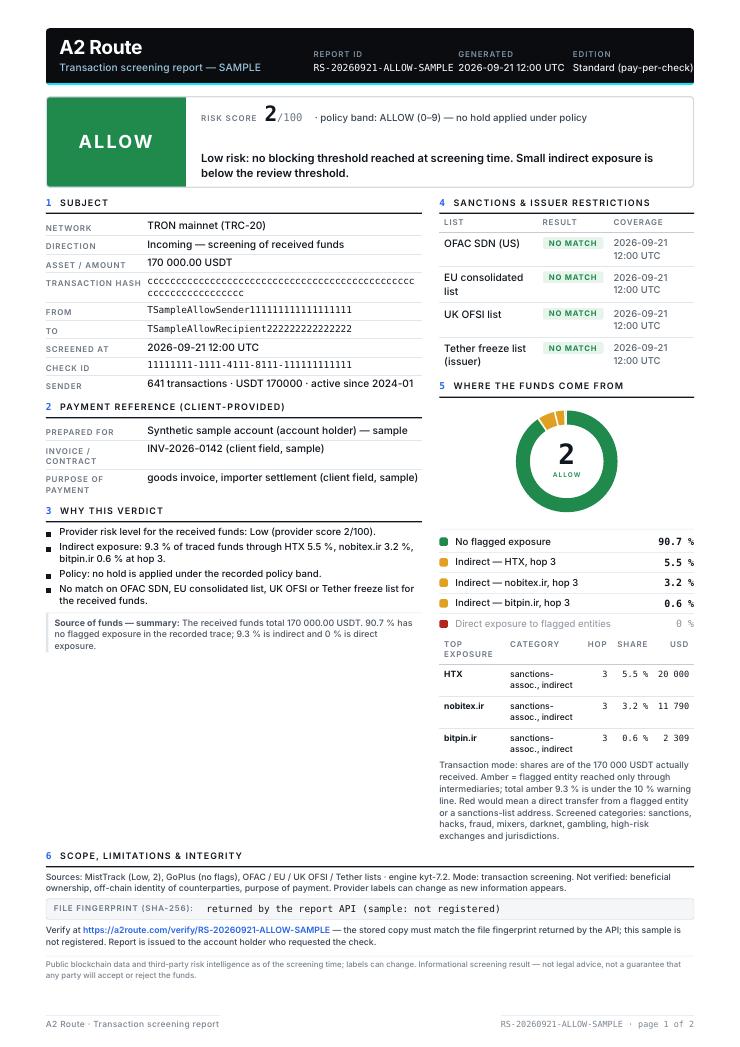 A2 Route transaction screening report, ALLOW verdict, page 1